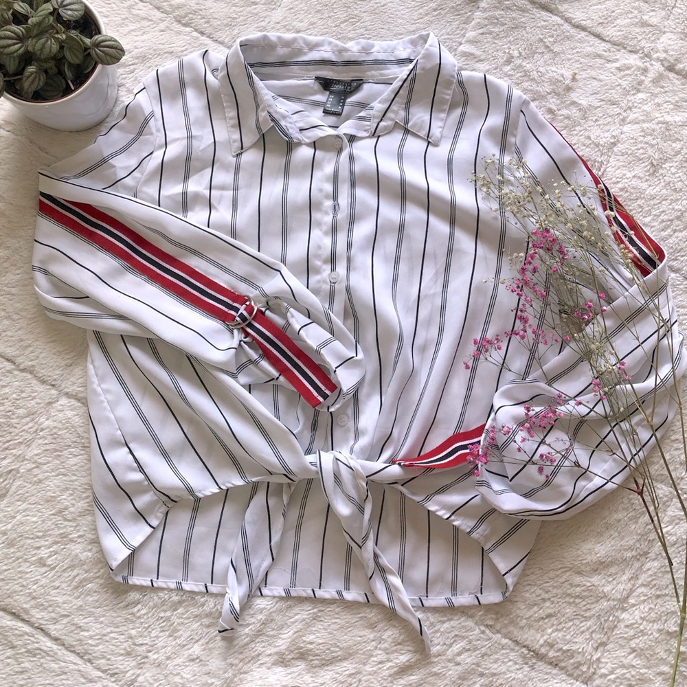 Striped Button-Down Tie-Front Blouse